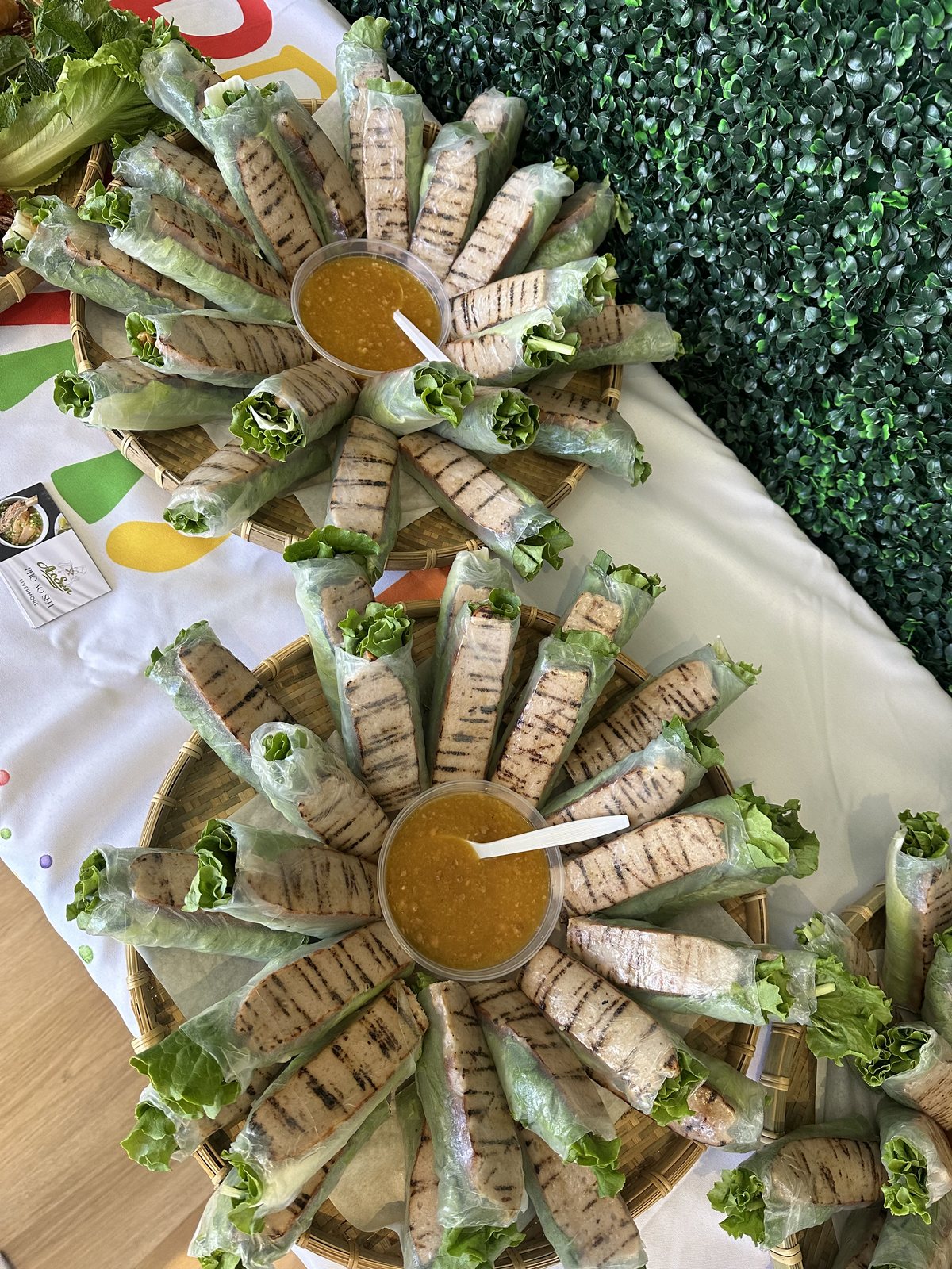 Spring rolls arranged for catering